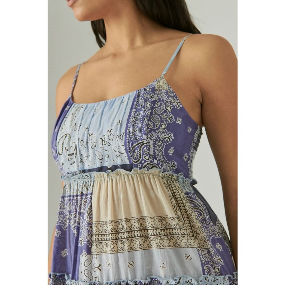 Lucky Brand Babydoll Tiered Dress Sz L Boho Festival Y2K Blue Patchwork Cotton - Picture 3 of 16
